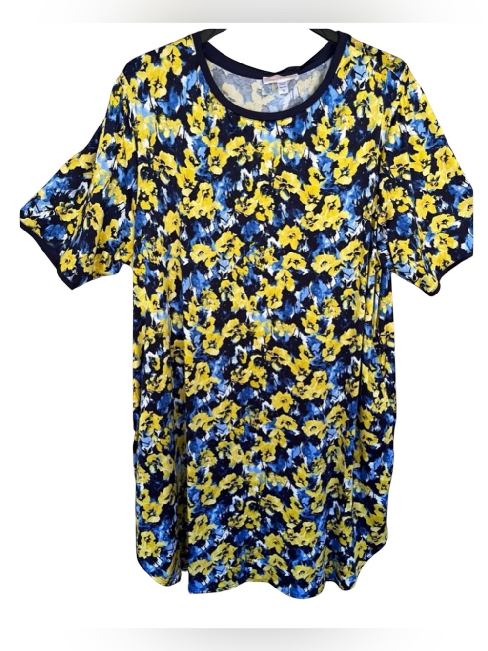 Stan Herman 1X Blue Yellow Floral Tunic Dress Shift Dress Pockets